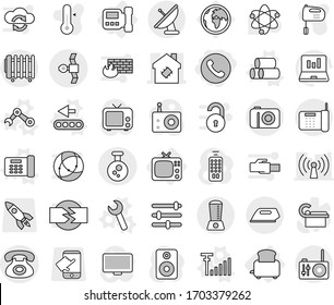 Editable thin line isolated vector icon set - phone, smart house, satellite, chemical, intercome, tv, toaster, pipes vector, office, wrench, conveyor, robot hand, antenna signal, mixer, thermometer