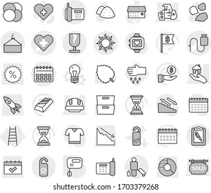 Editable thin line isolated vector icon set - heart cross vector, dropper, calendar, modern architecture, building helmet, real estate, phone, loading crane, clipboard pen, fragile, passenger, sun