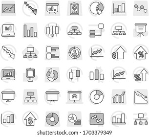 Editable thin line isolated vector icon set - presentation, chart vector, analytics, hierarchy, graph, pie, japanese candle, laptop, crisis, percent growth, dollar, board, target audience, report