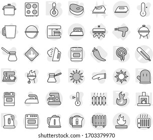 Editable thin line isolated vector icon set - medical thermometer vector, flammable, sun, air conditioning, hair dryer, cup, kettle, cook glove, gas oven, elecric, fire, coffee maker, steake, iron