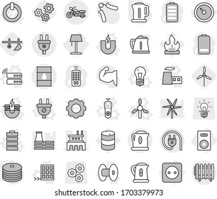 Editable thin line isolated vector icon set - factory, barrel, motorcycle, barometer, power socket, speaker, floor lamp, magnet vector, electric, bulb, on off button, plug, coil, windmill, server