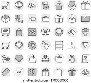 Editable thin line isolated vector icon set - gift, bow, shopping bag, box, label, sale, delivery, diamond, necklace, heart vector, health care, package, hi quality, parachute, pendant, rack, cart