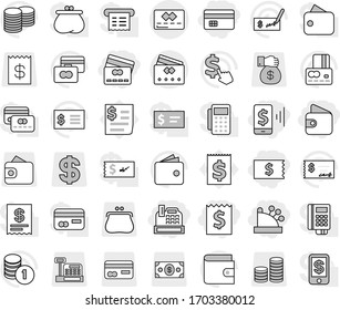 Editable thin line isolated vector icon set - credit card, receipt, mobile pay, wallet, cashbox, vector, coin stack, check, dollar cursor, purse, money, gift, reader, tap
