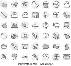 Editable thin line isolated vector icon set - chicken leg, head reflector vector, bone, skull, flower bed, insurance, rocket, deltaplane, aquapark, dog, satellite, kettle, sheep, shovel, goose, car