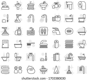 Editable thin line isolated vector icon set - wc, water tap, sink, bath, toilet, towel, soap vector, plunger, fetlock, brush, paper, shower, closet, shampoo, hanger, supply