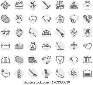 Editable thin line isolated vector icon set - spikelets vector, bunker, windmill, greenhouse, potato, plow, soil cutter, cow, coffee seeds, field, shovel, fork, rake, sickle, flour, pig, grape, corn