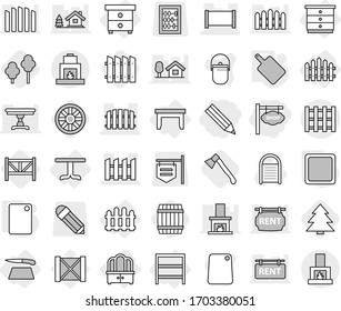 Editable thin line isolated vector icon set - pencil, shop signboard, fence, pallet, table, nightstand, chest of drawers, dresser, rack, cutting board, trees, axe, wheel, barrel, farm, spruce, rent