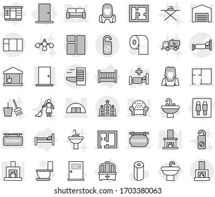 Editable thin line isolated vector icon set - wc, hospital bed vector, hangare, door, plan, hotel, do not distrub, sink, wardrobe, dresser, crib, toilet, paper, water closet, cleaner woman, tap