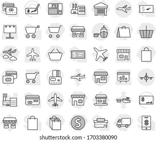 Editable thin line isolated vector icon set - cart, basket, dollar coin, shop, shopping bag, delivery, journey, mall, port, consolidated cargo, plane, airplane, garage, credit card vector, check