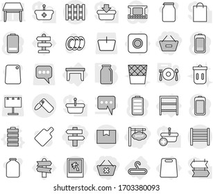 Editable thin line isolated vector icon set - remove from basket, delete cart, shop signboard, singlepost, package box, rack, label, pallet, photo, ring button, table, hanger, cutting board, bank