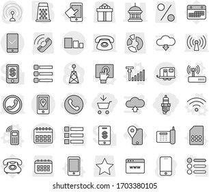Editable thin line isolated vector icon set - add to cart, spark plug, phone, calendar vector, goverment house, mobile location, sorting, trailer, checking, touchscreen, wireless, sim card, router