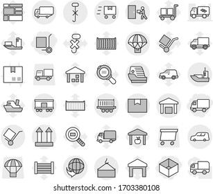 Editable thin line isolated vector icon set - box, delivery, cargo stoller, sea shipping, truck, car, loading crane, package, trolley, top sign, do not hook, courier, warehouse, railroad, parachute