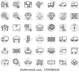 Editable thin line isolated vector icon set - delivery, cargo stoller, warehouse, truck shipping, car, sun potection, do not hook sign, courier, search, parachute, fast deliver, pickup, package, no