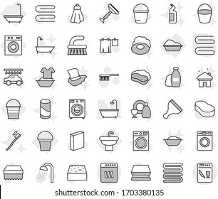 Conjunto de iconos vectoriales aislados de línea delgada editable - fregadero, baño, lavadora, cuchara, toalla, vectorial de rasguños, fregadero, esponja, ropa de secado, lavadora, polvo, ducha, jabón, champú, cepillo dental, lavabo