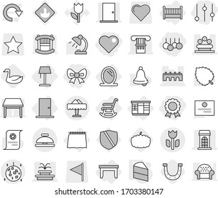 Editable thin line isolated vector icon set - bow, sale, heart, equalizer, medal, column, bridge, building, door, fountain, flower bed, perishable, disco ball, restaurant, service bell, mirror, crib