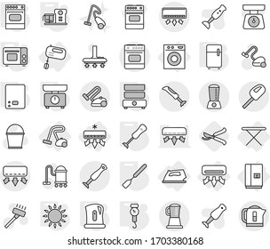 Editable thin line isolated vector icon set - air conditioning, iron, board, washing machine, fridge, mixer, vacuum cleaner, kettle, kitchen scales, handle, spatula, grill oven, gas, double boiler