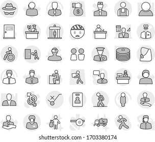Editable thin line isolated vector icon set - broken hand vector, doctor, architector, client, support manager, do not trolley sign, courier delivery, security man, workman, confidential, tourist