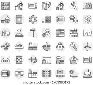 Editable thin line isolated vector icon set - slum, hangare, modular house, factory, measuring tape, port, barrel, fork loader, railroad shipping, transporter, pallet, gear vector, gears, press