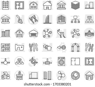 Editable thin line isolated vector icon set - chromosomes vector, hospital, virus, greate wall, home, building, skyscrapers, skyscraper, houses, slum, modern architecture, modular house, district