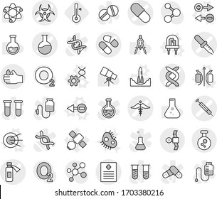 Editable thin line isolated vector icon set - dna vector, pipette, pill, recipe, flask, potion bottle, biohazard, syringe, ambulance sign, satellite, acid, chemical, magnetic field, electron, led