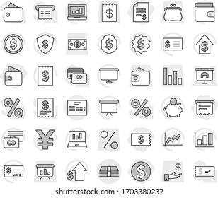 Editable thin line isolated vector icon set - dollar coin, account balance, receipt, wallet, atm, presentation, money, invoice, vector, graph, laptop, credit card, piggy bank, growth, check, board