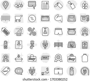 Editable thin line isolated vector icon set - label, sale, bar code, geo pin, sun potection, medal, heavy, identity card, do not distrub, plug vector, grill oven, package, jar, personal information