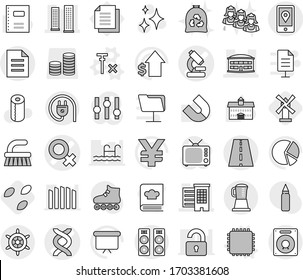 Editable thin line isolated vector icon set - female sign vector, dna, microscope, houses, skyscrapers, airport building, road, mobile location, document, handwheel, cpu, no signal, seeds, windmill