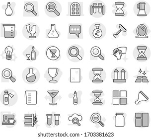 Editable thin line isolated vector icon set - wineglass, magnifier vector, sand clock, test vial, flask, potion bottle, window, arch, cargo top sign, chemical, search, broken, mirror, bulb, wine
