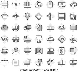 Editable thin line isolated vector icon set - cargo stoller, railroad shipping, route vector, navigator, map pin, Railway carriage, office, plane, satellite, money, phone, 24, client, traking, ship