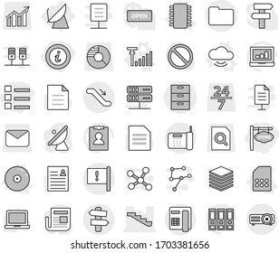 Editable thin line isolated vector icon set - store signboard, list, info, archive vector, stairs, important flag, documents, escalator, signpost, satellite antenna, chip, cloud service, sim card