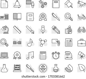 Editable thin line isolated vector icon set - brain vector, school, book, copybook, pen, pencil, building, blackboard, ruler, glasses, student, case, telescope, bell, table lamp, calculator, medal