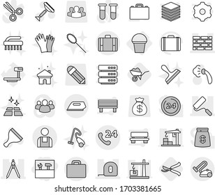 Editable thin line isolated vector icon set - tools, brick wall, measuring tape, repair, drawing compasses, phone 24, workman, suitcase, bucket, wheelbarrow, pruner, scraper vector, steaming, gloves