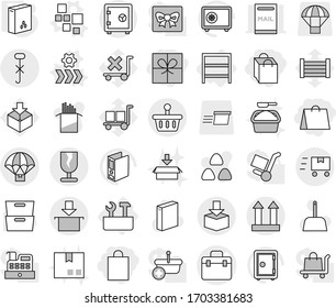 Editable thin line isolated vector icon set - gift, shopping bag, doctor vector, fragile, cargo top sign, do not hook, package, parachute delivery, basket, fast deliver, safe, rack, repair tools