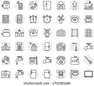 Editable thin line isolated vector icon set - shop signboard, column, tower, castle, building, minaret, japanese house, fort, arch window, outdoor light, phone, fridge, fence, mobile vector, fork