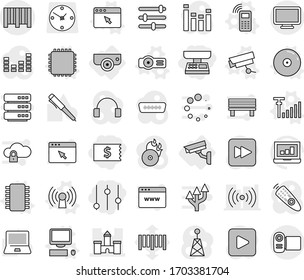 Editable thin line isolated vector icon set - receipt, market scales, equalizer, castle, bar code, surveillance camera, chip vector, cpu, antenna, mobile phone, computer, projector, cd, signal, pen