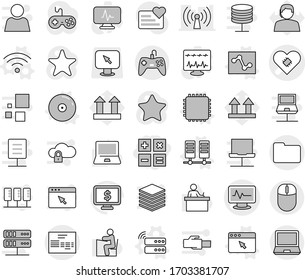 Editable thin line isolated vector icon set - calculator, monitor pulse vector, pacemaker, invoice, documents, cpu, server, wireless, analytics, cd, browser window, student, notebook pc, dollar