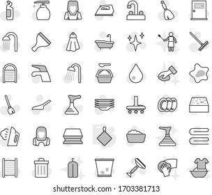 Editable thin line isolated vector icon set - rag, plunger vector, scraper, broom, water tap, vacuum cleaner, rake, scoop, sponge, towel, trash bin, drop, shining, splotch, iron, steaming, bath