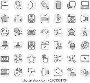 Editable thin line isolated vector icon set - goverment house, connect vector, wireless mouse, cinema clap, film frame, spool, music hit, microphone, radio, antenna, speaker, loudspeaker, tv, dialog