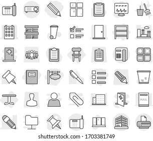 Editable thin line isolated vector icon set - pencil, store signboard, list, copybook, building, door, city, office, table, rack, chair, trash bin vector, shining window, bucket and broom, pen, exam