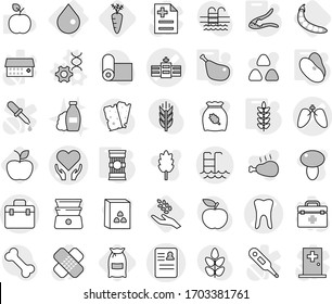 Editable thin line isolated vector icon set - doctor bag vector, hospital, anamnesis, tooth, lungs, health care, pool, drop, dna edit, walnut crack, pasta, chicken leg, spikelets, beans, flour, peas