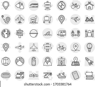 Editable thin line isolated vector icon set - singlepost, bike, bridge, drawbridge, minaret, geo pin, globe, route a to b, plane, earth, train, trailer, air ballon, detector, airplane, bungalow, map