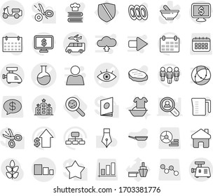 Editable thin line isolated vector icon set - eye vector, flask, scooter shipping, sorting, hotel, transfer, viruses, handle washing, pan, measuring cup, cookbook, plates, steak, pen, dollar growth