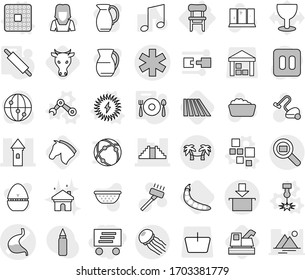 Editable thin line isolated vector icon set - delivery, ambulance star vector, stomach, tower, pyramid, package, cargo search, palm hammock, jellyfish, chair, blocks, cpu, laser, robot hand, field