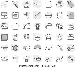 Editable Thin Line Isolated Vector Icon Set - Cutting Board, Stands For Knives, Pan, Cook Glove, Egg Timer, Garlic Clasp, Skimmer, Gas Oven, Camping Cauldron Vector, Kettle, Hat, Towel, Spatula, Oil