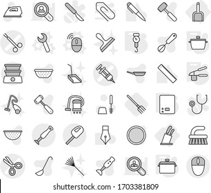 Editable thin line isolated vector icon set - syringe vector, scissors, surgical clamp, scoop, stands for knives, wireless mouse, wrench, pan, kitchen scales, handle, garlic clasp, fork, fetlock