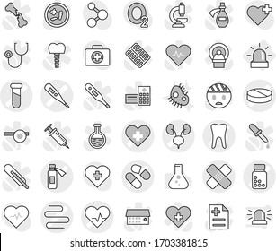 Editable thin line isolated vector icon set - heart pulse vector, cross, medical thermometer, patch, pill, pills bottle, test vial, potion, tooth, kidneys, intestines, alarm, microb, flask, molecule