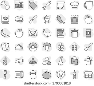 Editable thin line isolated vector icon set - donut, cup, pan, handle scales, cutting board, oven, food processor, pasta, mushroom, tomato, cake, pretzel, spikelets, field, hot pepper, pig, apple