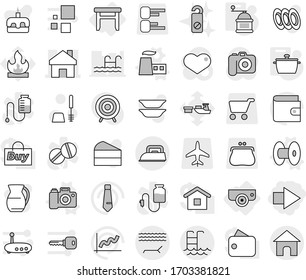 Editable thin line isolated vector icon set - right arrow, home, lounger, pool, surveillance camera, stool, factory vector, coil, pan, hand mill, toilet brush, do not distrub, plates, jug, cake, tie