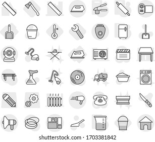 Editable thin line isolated vector icon set - ruler, consolidated cargo, loudspeaker, iron, scoop, measuring cup, garlic clasp, rolling pin, fridge, axe, thermometer, wrench, bucket, plunger vector