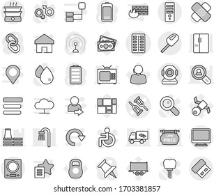 Editable thin line isolated vector icon set - crutch vector, pills blister, satellite, money, support, truck trailer, consolidated cargo, weight, antenna, link, thumbtack, battery, disabled, patch